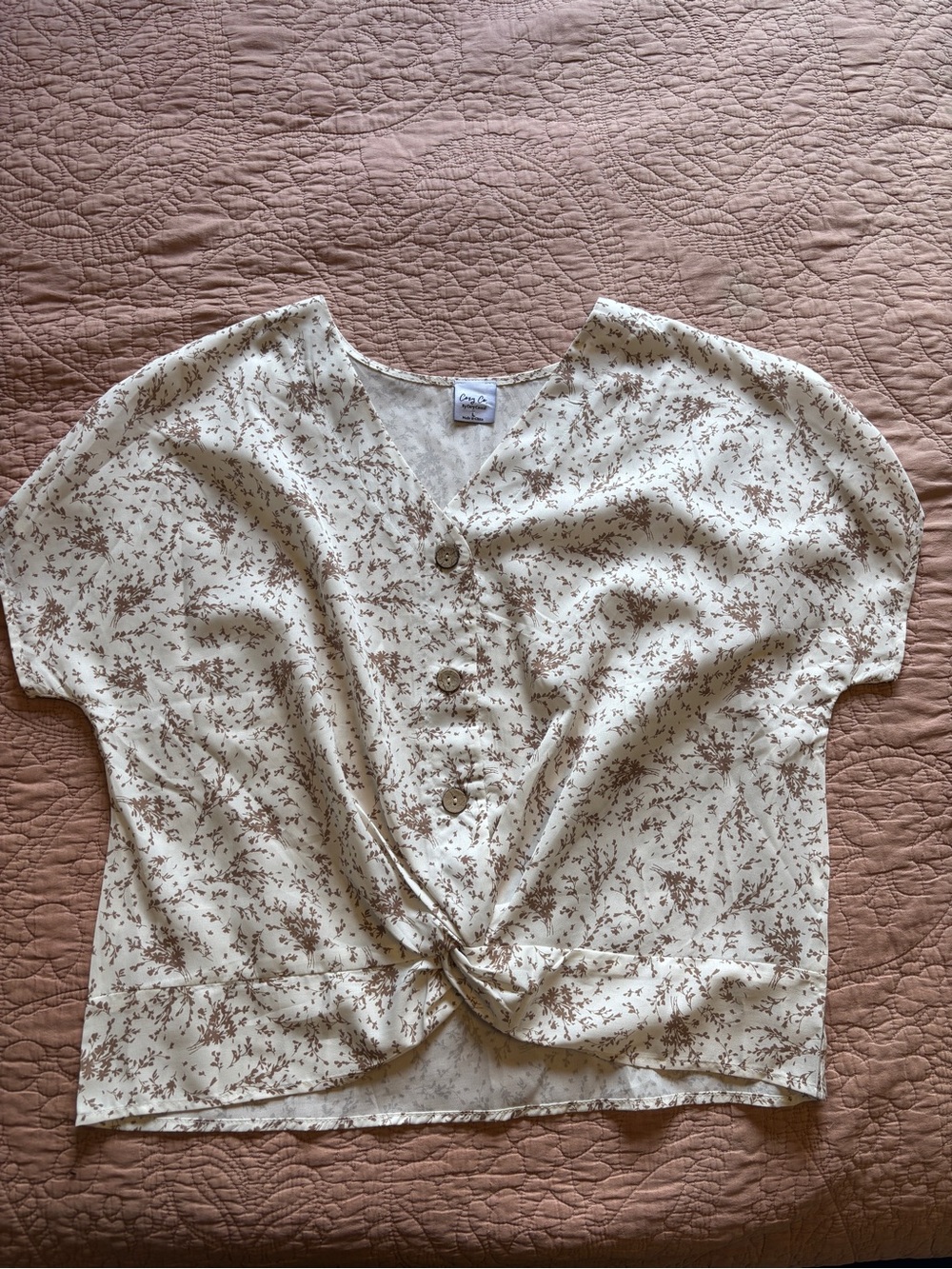 Cropped Tie-Front Floral Blouse - Cream with Brown Print